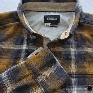 Marmot Men's M Plaid Flannel Button Up Shirt Yellow Gray Brown LS Outdoor Hiking